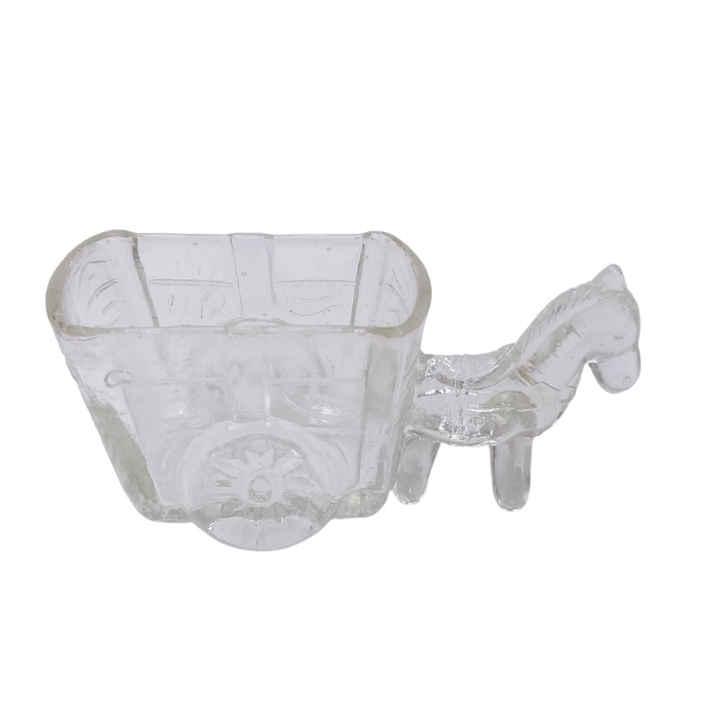Vintage Clear Glass Donkey Pulling Cart Small Figurine Candy Dish Made in Taiwan